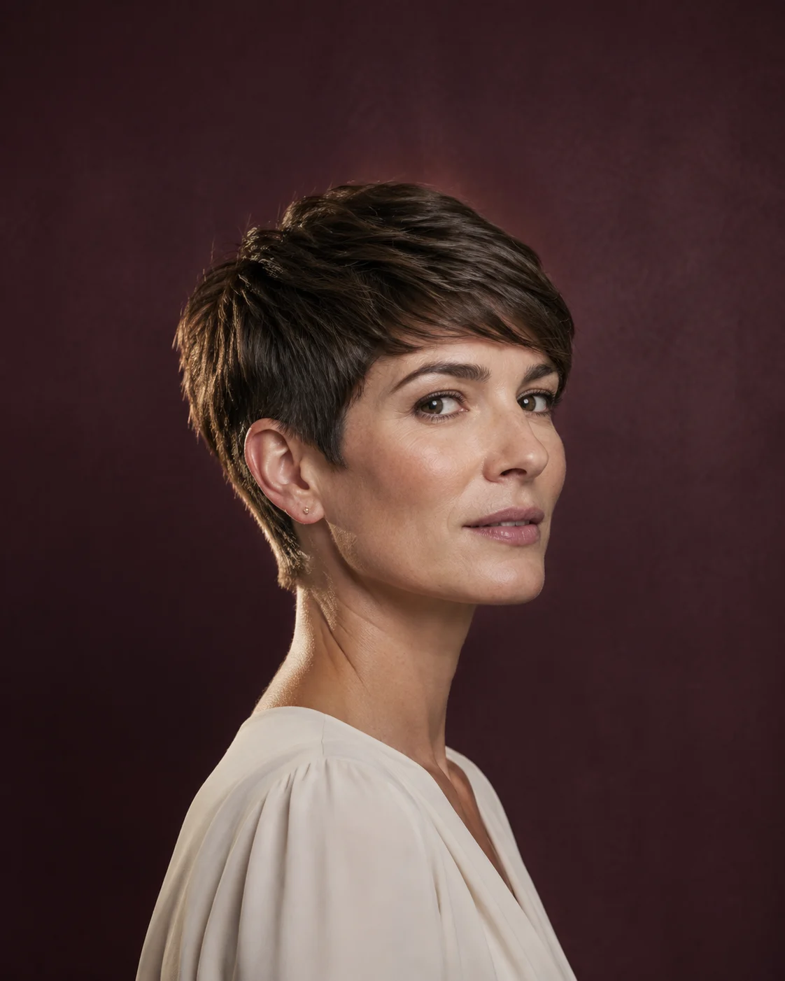 Long pixie haircut with a sculpted short silhouette