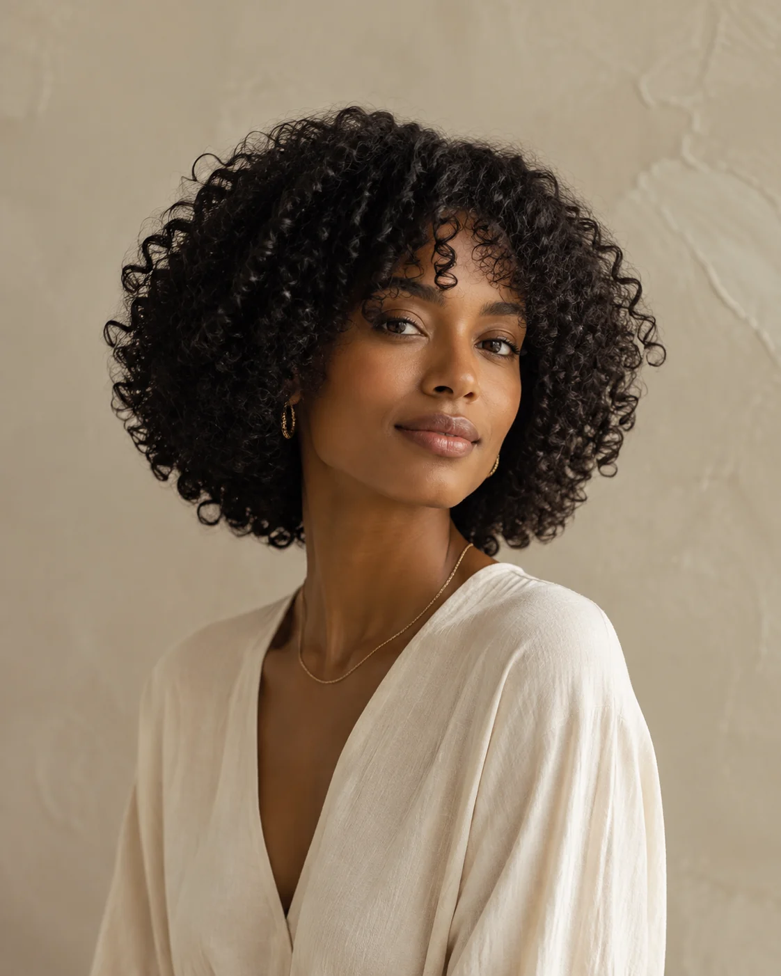 Curly long bob in its natural dry state
