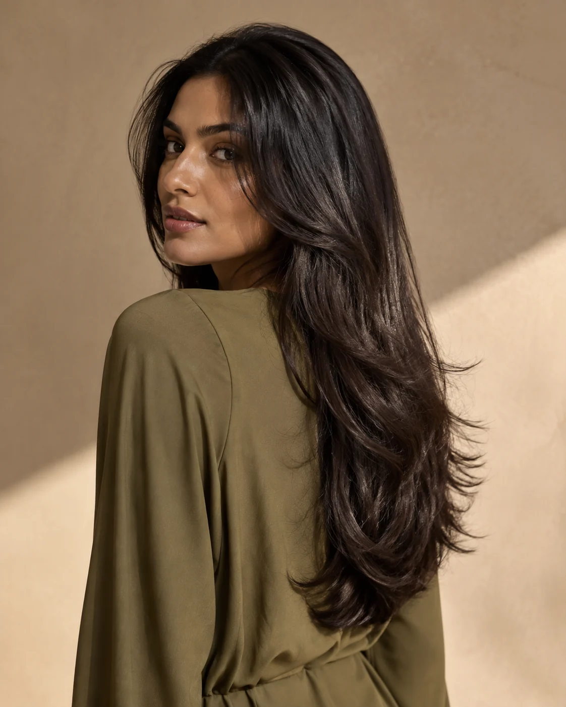 Long layered haircut used to identify the perimeter, layer map, face frame, and internal weight